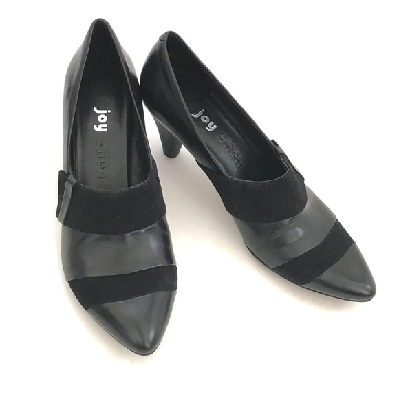 JOY CHEN Black Leather Heels Pointed Toe Leather Pumps Women’s Size 9 - Picture 1 of 16